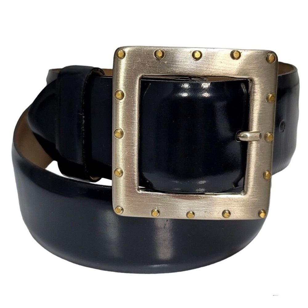 Linea Pelle by Mira K Blue Leather Belt Square Studded Buckle Wide Waist‎ Belt